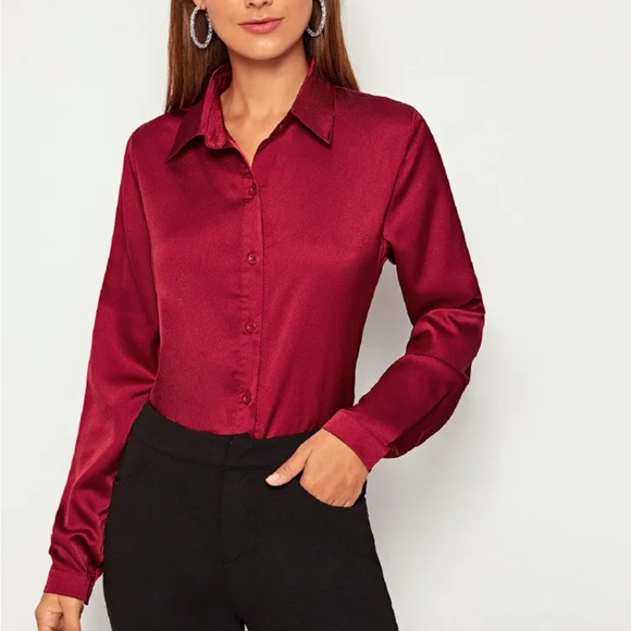 Luxe red casual button down satin shirt
